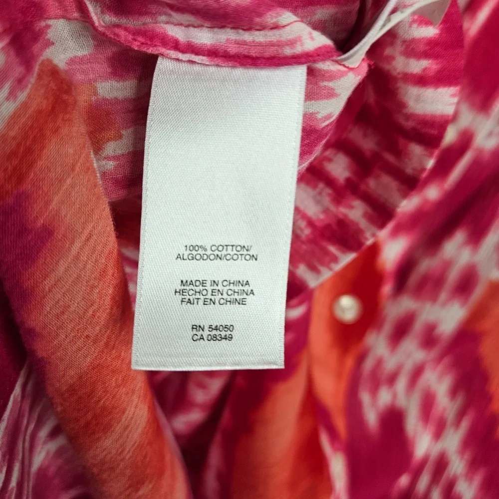 Jones New York Woman Women's 2X Pink Orange Ikat Print Button Front Shirt